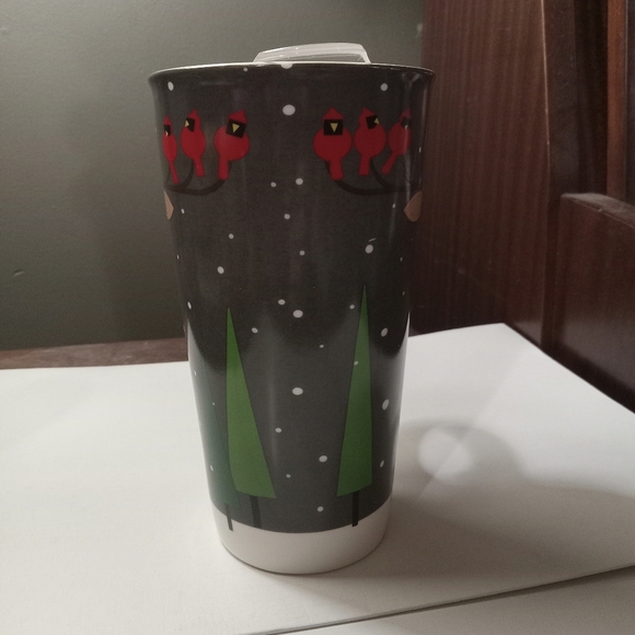 Evergreen Ceramic Travel Cup 17 oz Deer Snow Cardinals Clear Lid - Picture 5 of 8